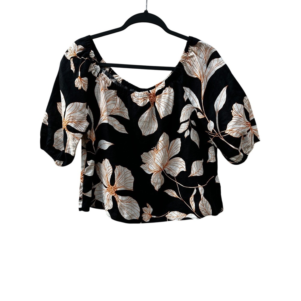 Cynthia Rowley Womens Black Floral 100% Linen Off Shoulder Crop Top Small
